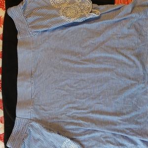 Women's Loft L off shoulder eyelet cut sleeves blue and white